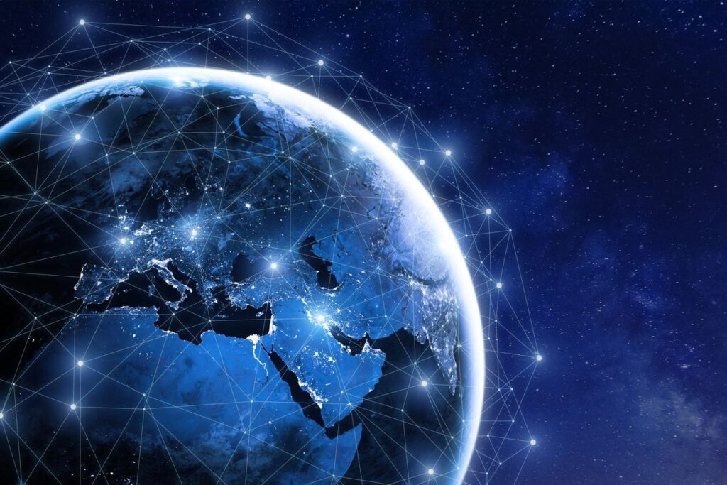 Digital globe highlighting Europe, Africa, and Asia with network connections.