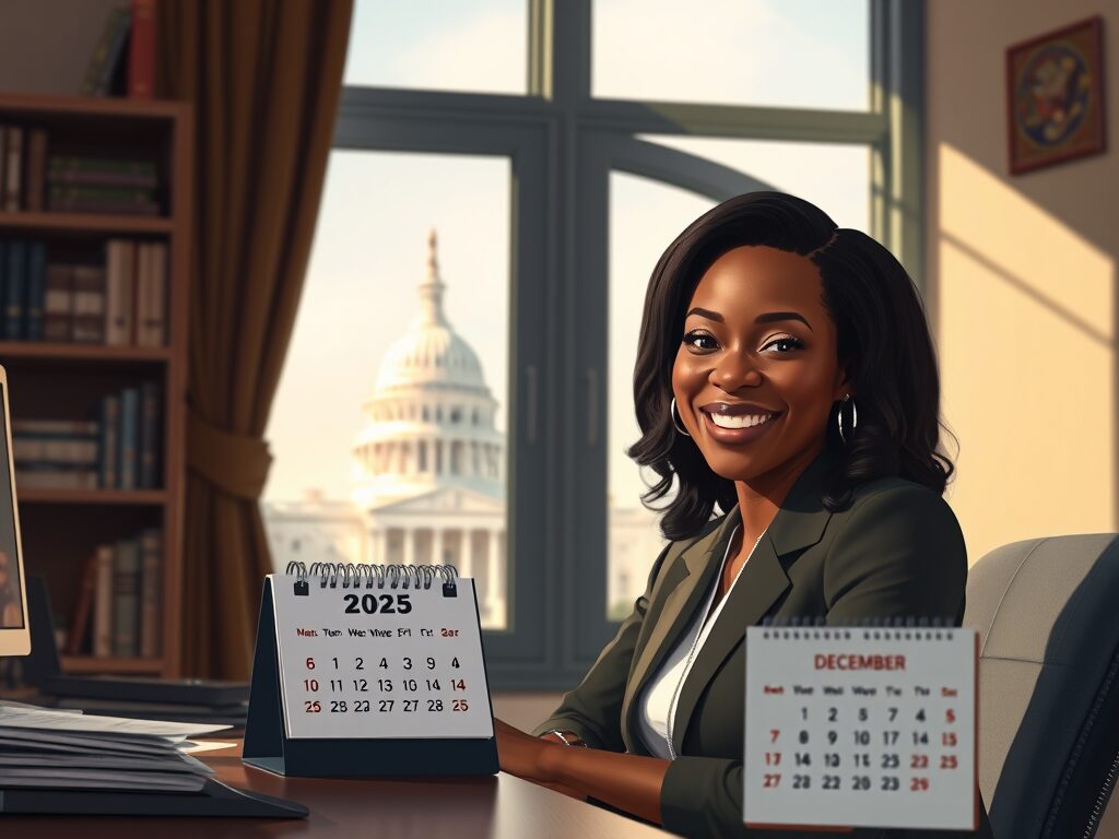 Smiling woman at desk with a 2002 calendar.