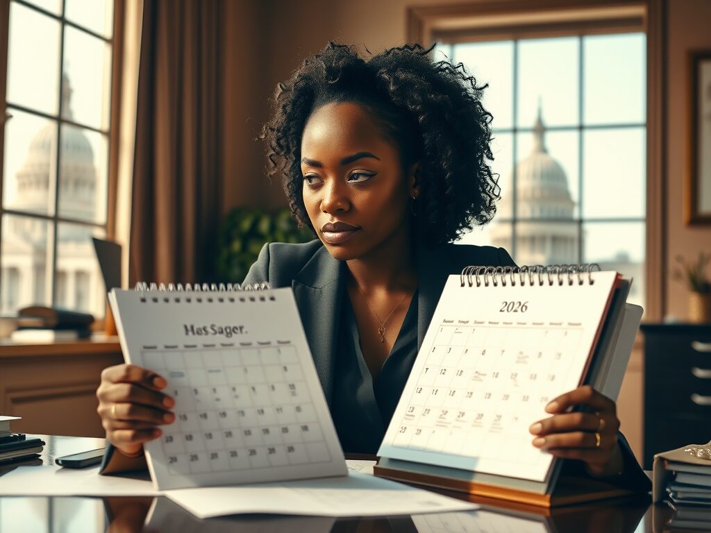 Woman comparing two desk calendars in office.