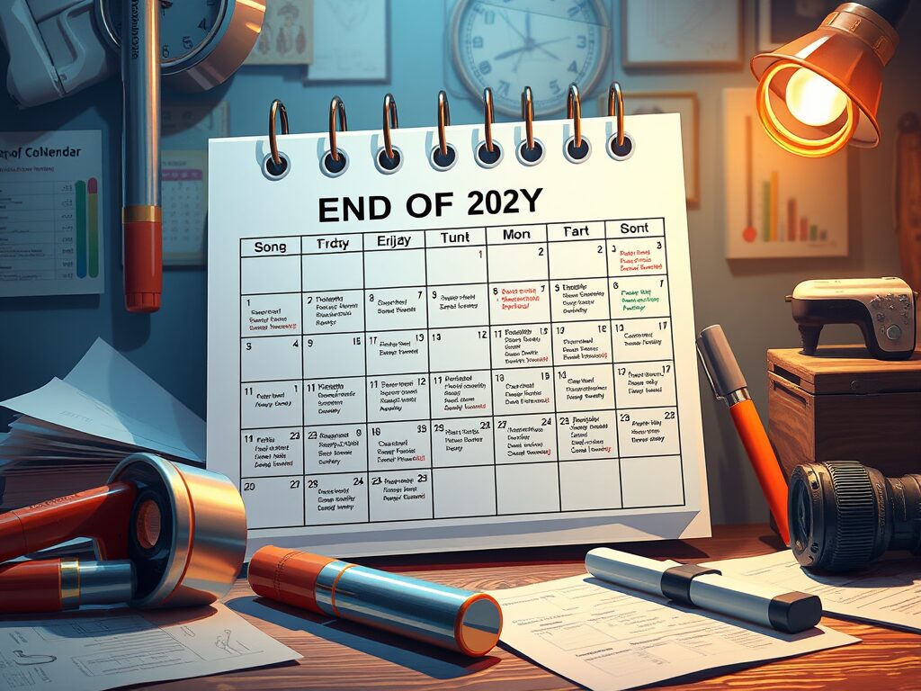 Calendar titled "End of 202Y" on desk.