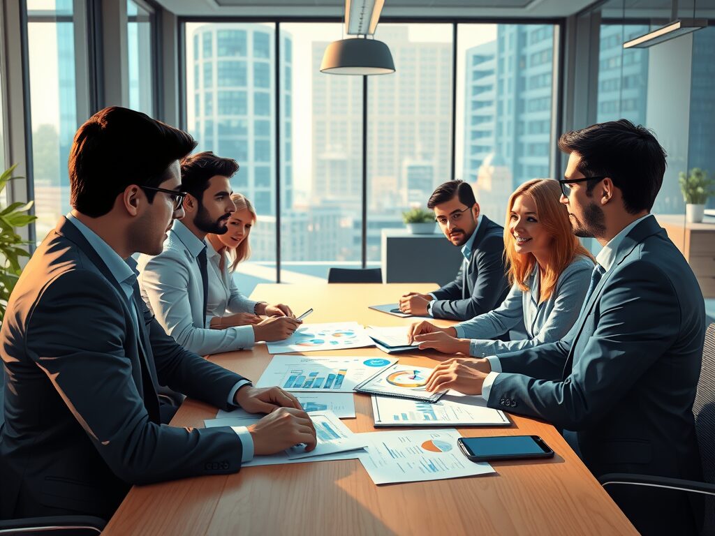 Business meeting with people discussing documents.