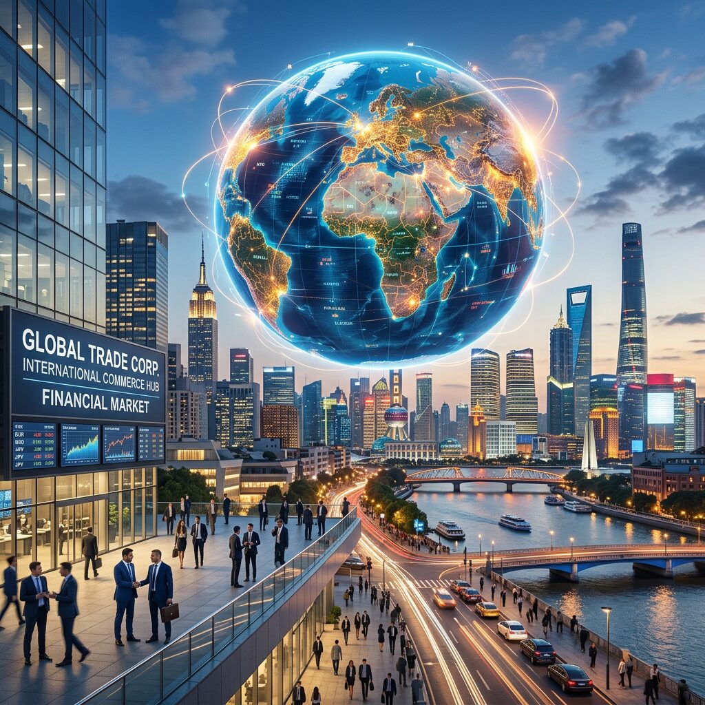 International business concept with globe and buildings